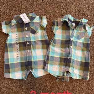 2 matching boys 3 month one piece plaid rompers